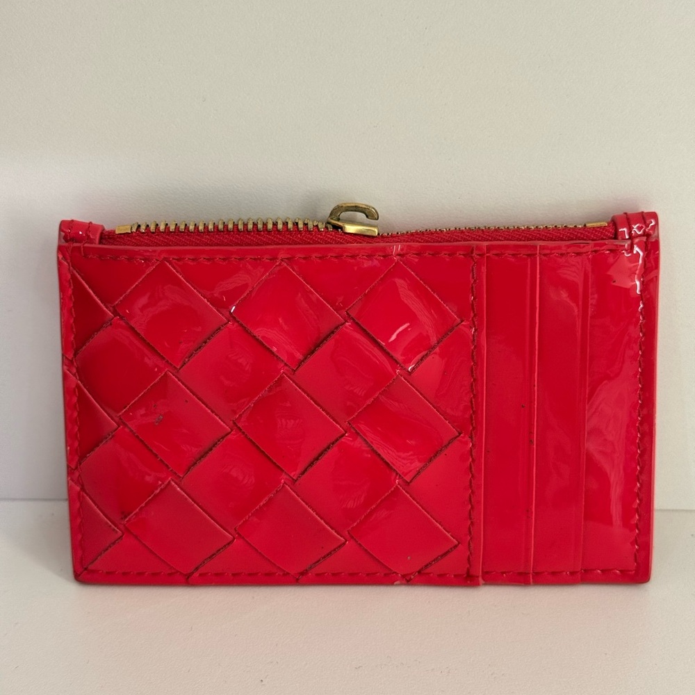 Pre Owned Bottega Veneta Red Patent Leather Woven Card Holder Wallet